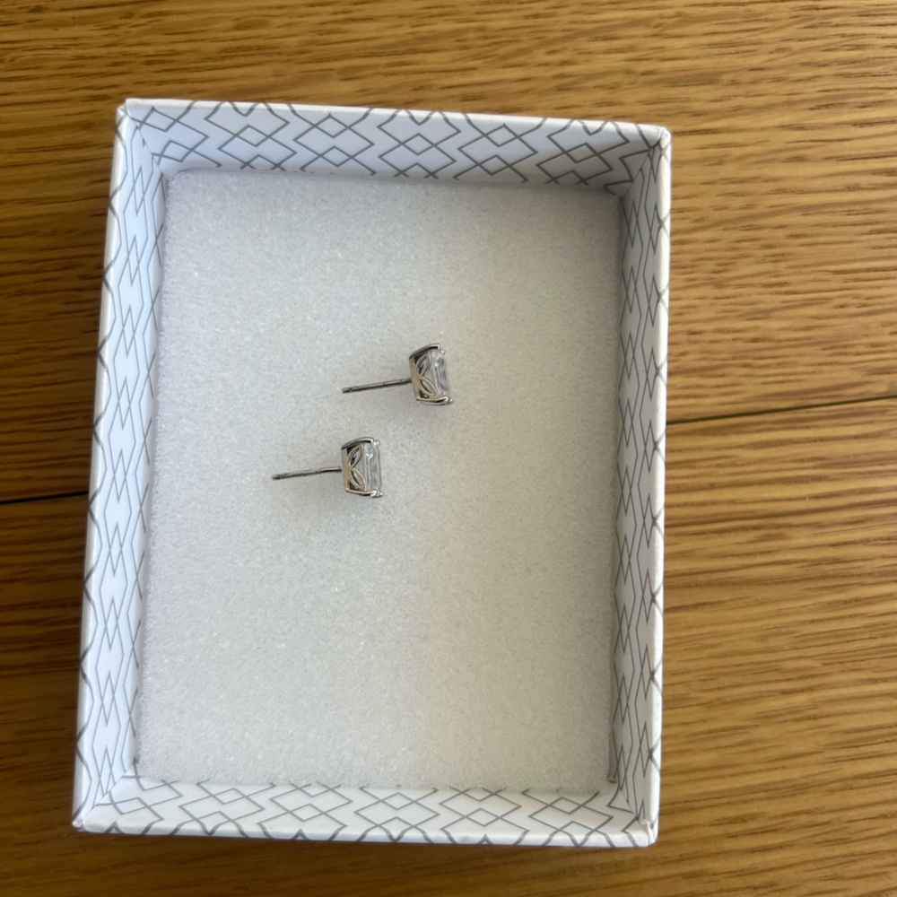 Emerald Cut Cubic Zirconia Stud Earrings Classic Elegant Minimal Timeless Style - Picture 2 of 5